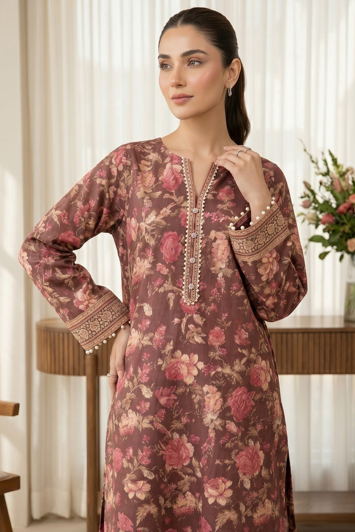 2 Piece Merlot Red Unstitched Printed Cambric Co-Ord Set