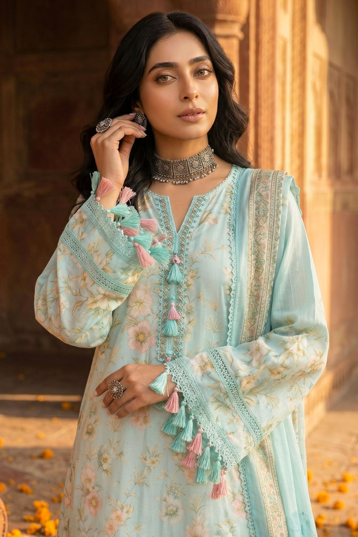 3 Piece Unstitched Aqua Blue Premium Lawn