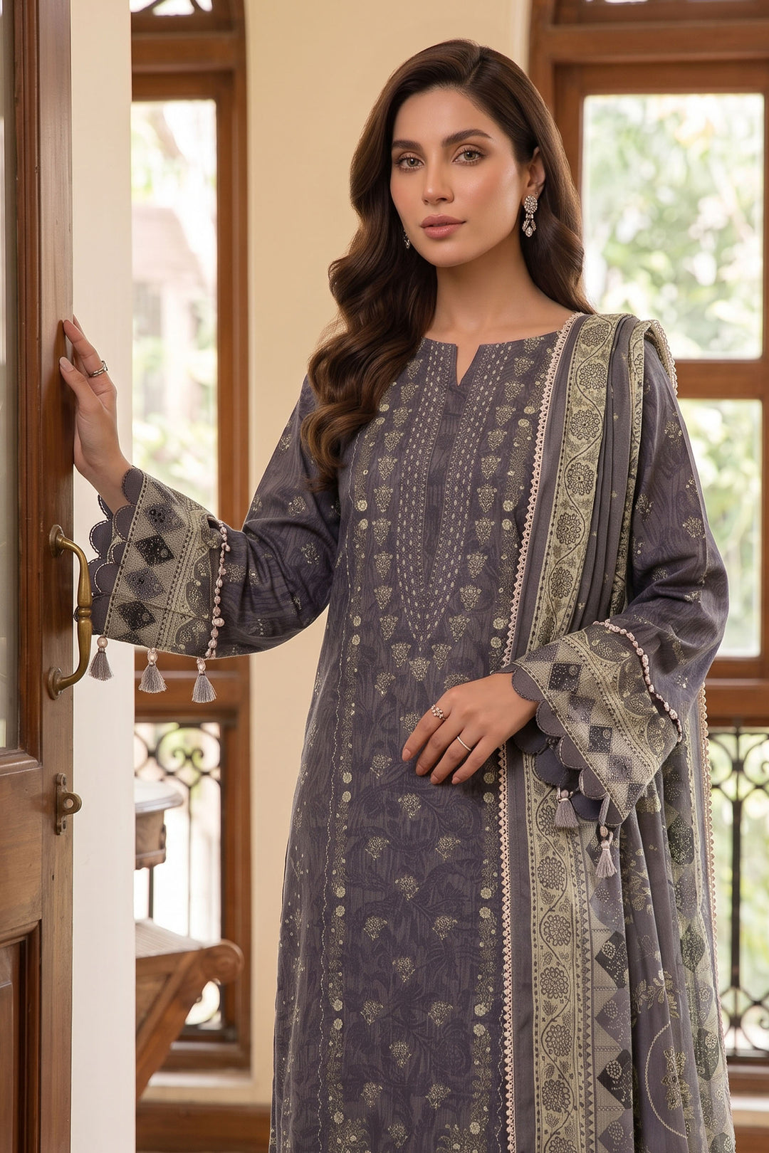 Purple Taupe 3 Piece Unstitched Premium Printed Lawn