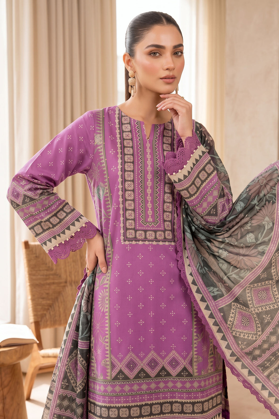 Magenta 3 Piece Unstitched Premium Printed Lawn