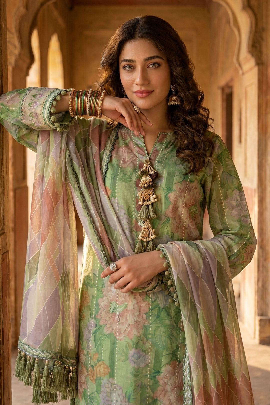3 Piece Unstitched Green Premium Lawn