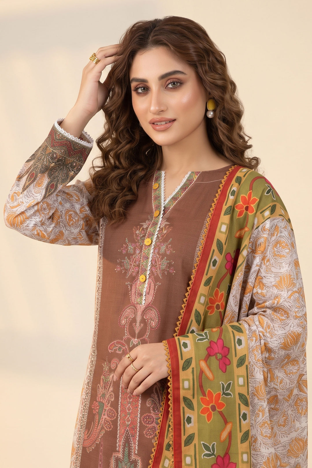 3 Piece Unstitched Brown Khaddar