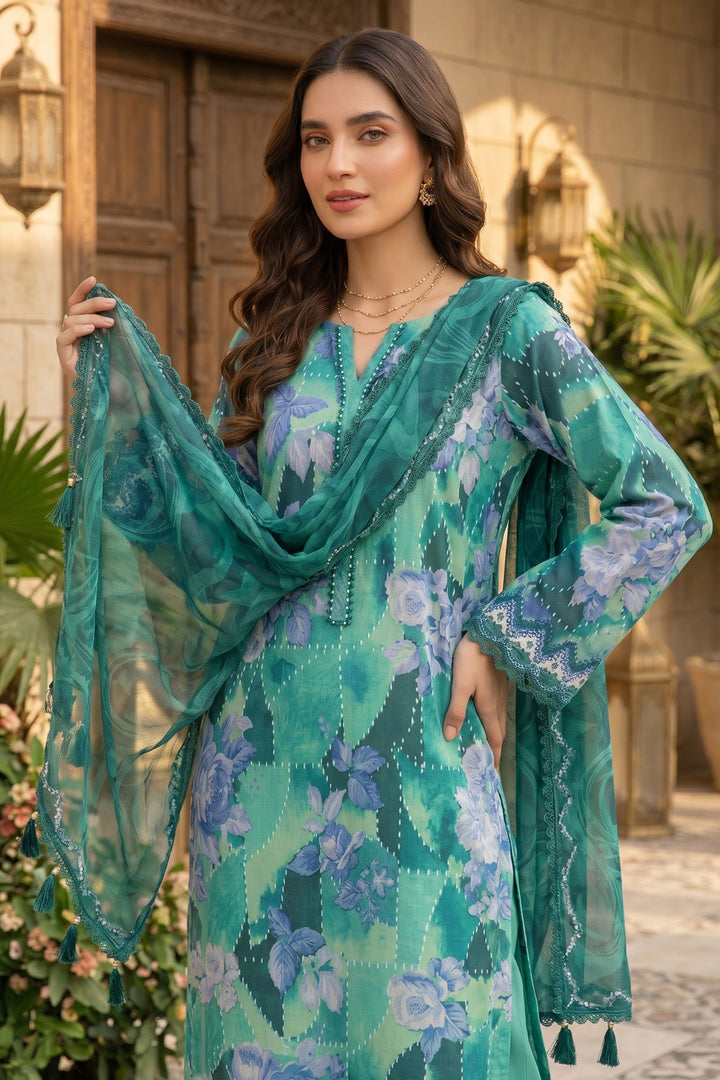 3 Piece Unstitched Dark Cyan Premium Lawn