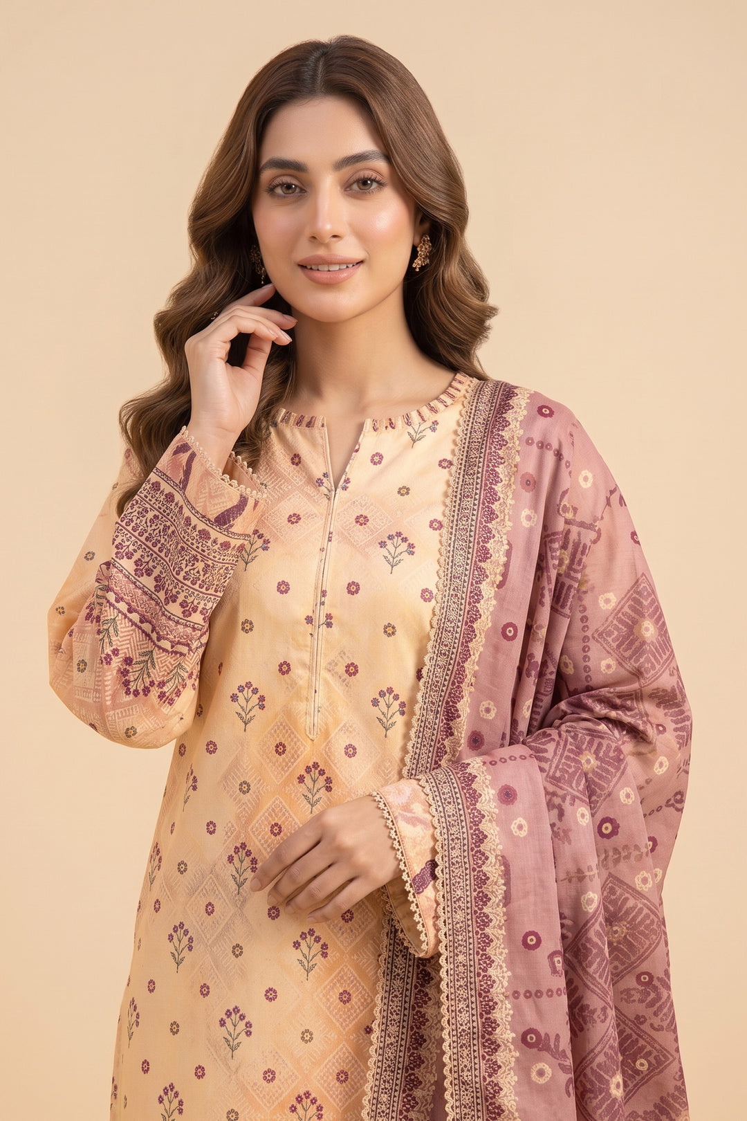 3 Piece Unstitched Beige Premium Linen