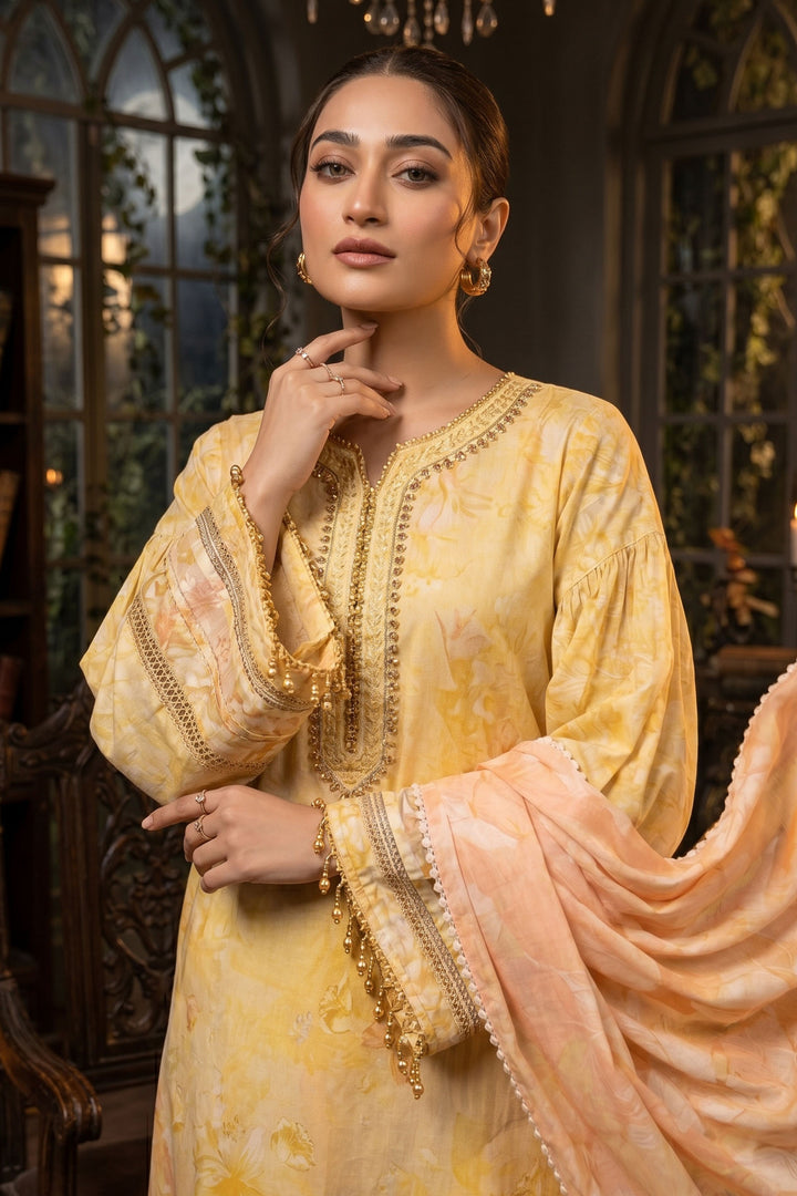 3 Piece Unstitched Light Yellow Premium Lawn
