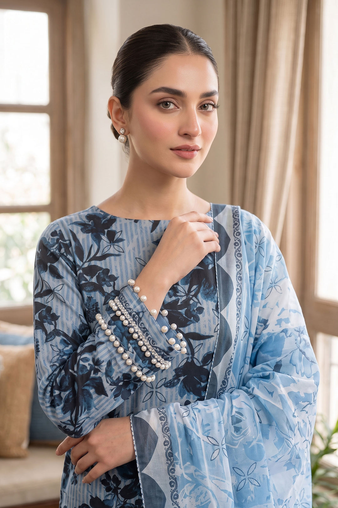 Blue 3 Piece Unstitched Premium Printed Lawn