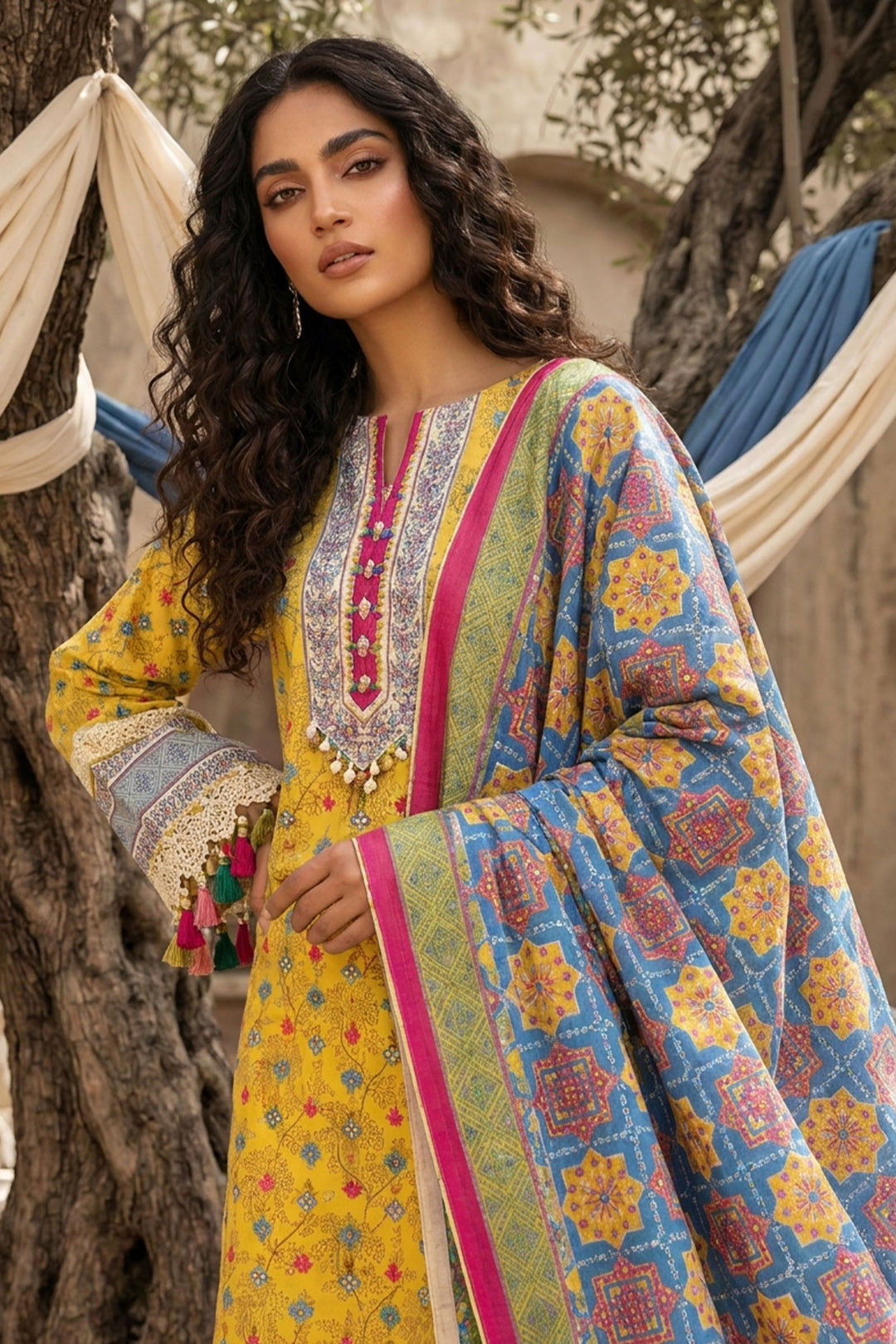 Yellow 3 Piece Unstitched Premium Printed Lawn