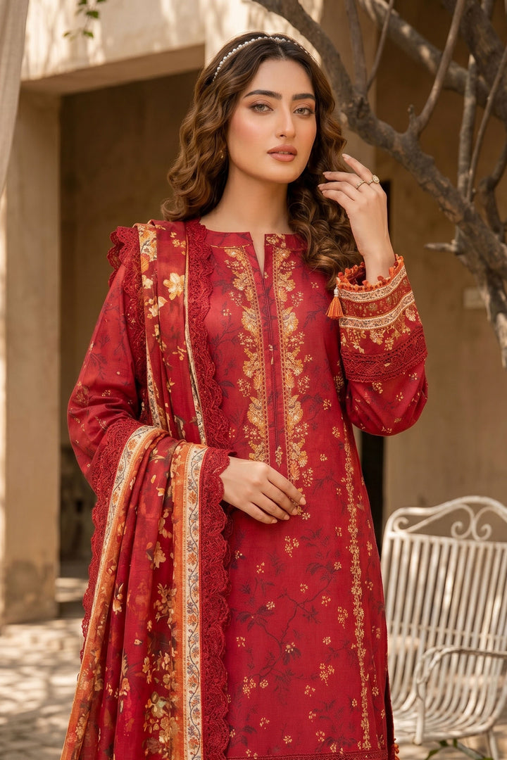 3 Piece Unstitched Red Premium Lawn