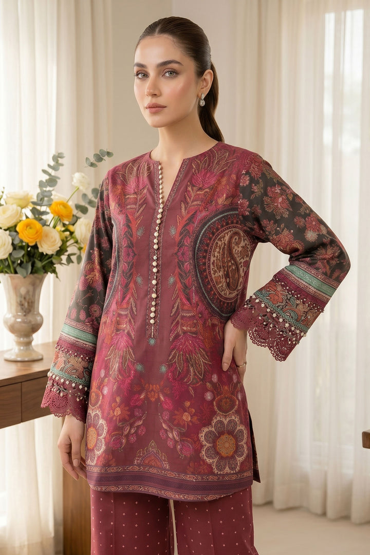 2 Piece Garnet Red Unstitched Printed Cambric Co-Ord Set