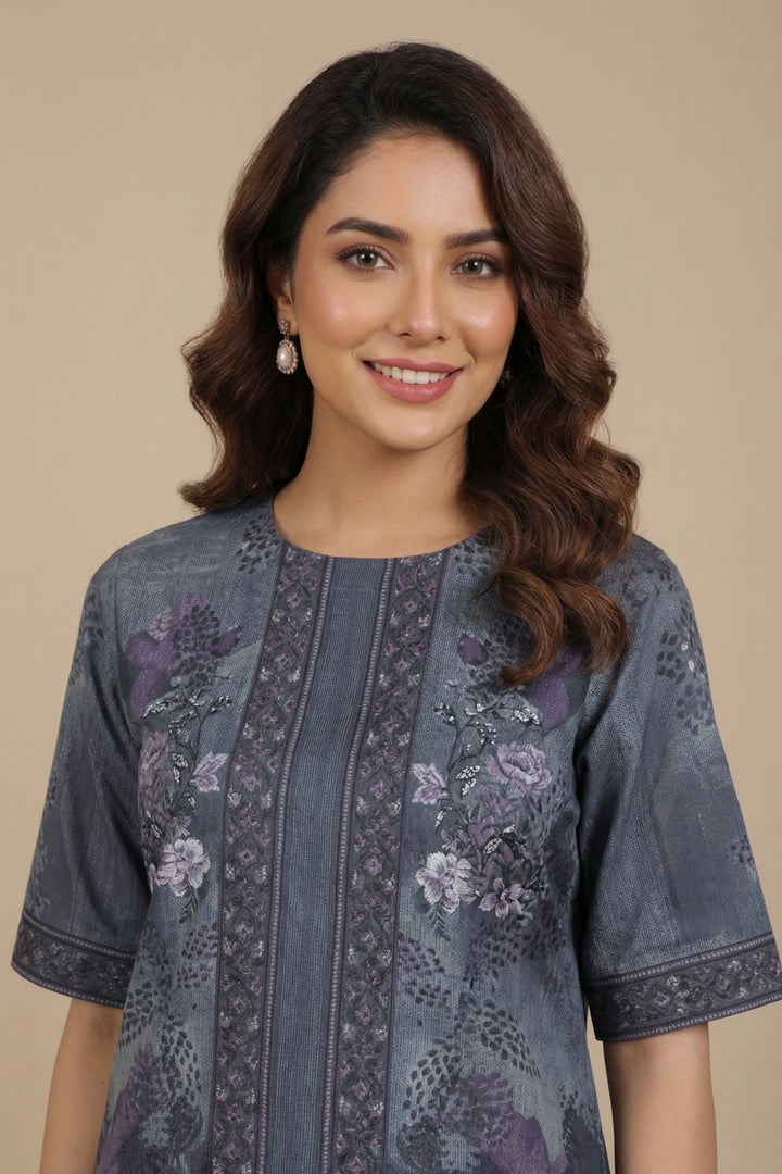 Gray 2 Pc Unstitched Printed Cambric Co-Ord Set