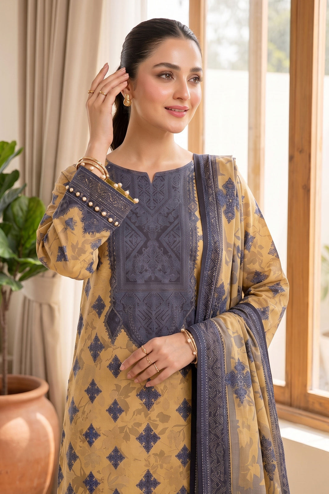 Mustard 3 Piece Unstitched Premium Printed Lawn