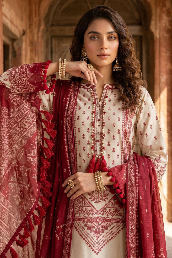 3 Piece Unstitched Off White Premium Lawn