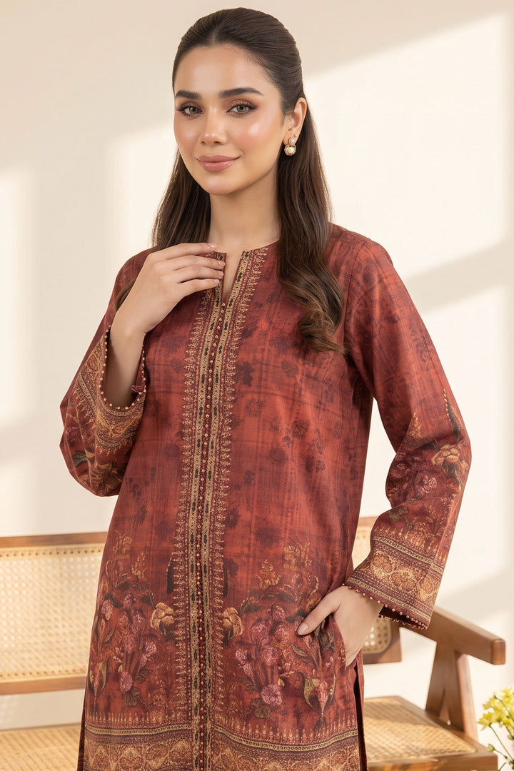 Red Brown 2 Piece Unstitched Printed Cambric Co-Ord Set