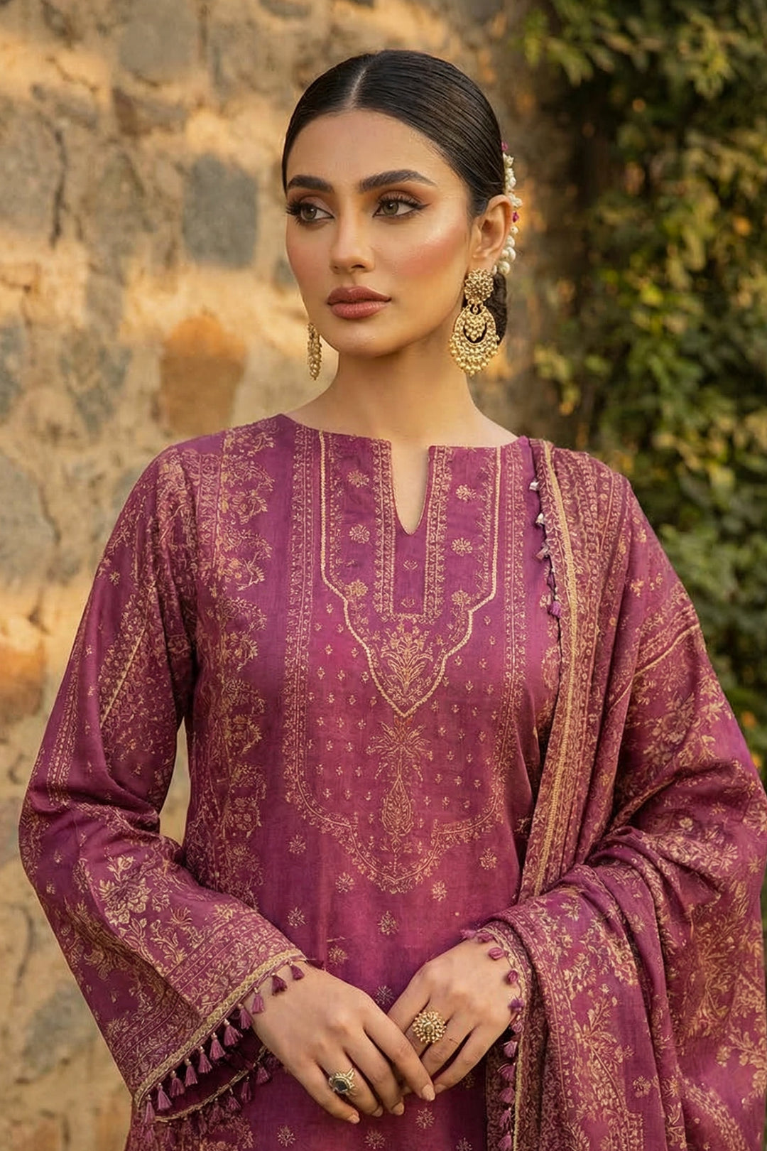 3 Piece Unstitched Dark Raspberry Premium Printed Lawn