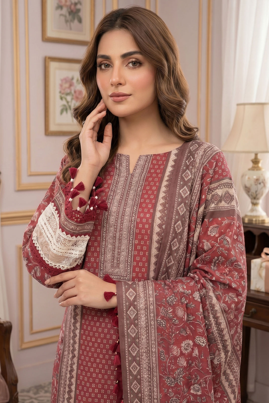 Maroon 3 Piece Unstitched Premium Printed Lawn