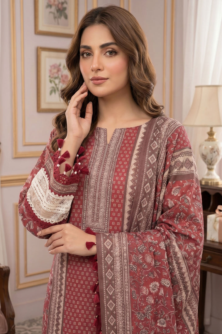 Maroon 3 Piece Unstitched Premium Printed Lawn