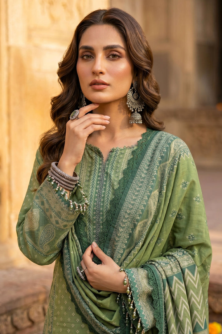 3 Piece Unstitched Green Premium Lawn