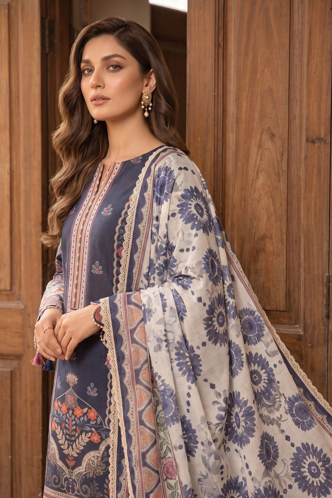 Dark Blue 3 Piece Unstitched Premium Printed Lawn