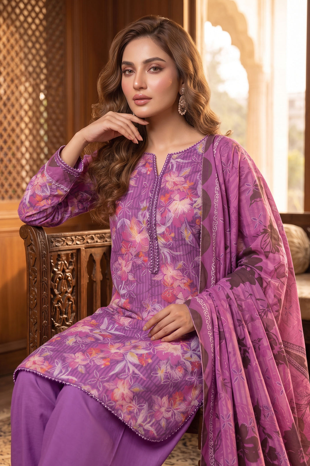 Purple 3 Piece Unstitched Premium Printed Lawn