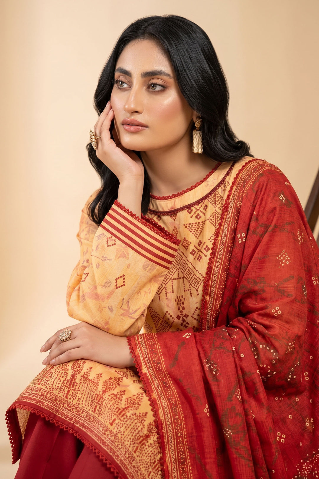 3 Piece Unstitched Apricot Premium Linen