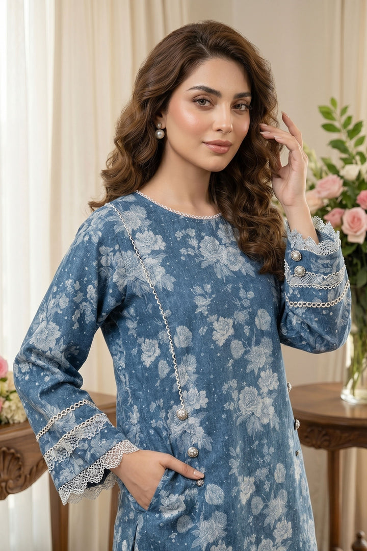 2 Piece Classic Blue Unstitched Printed Cambric Co-Ord Set