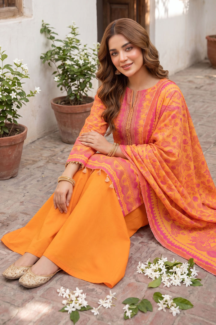 Orange 3 Piece Unstitched Premium Printed Lawn