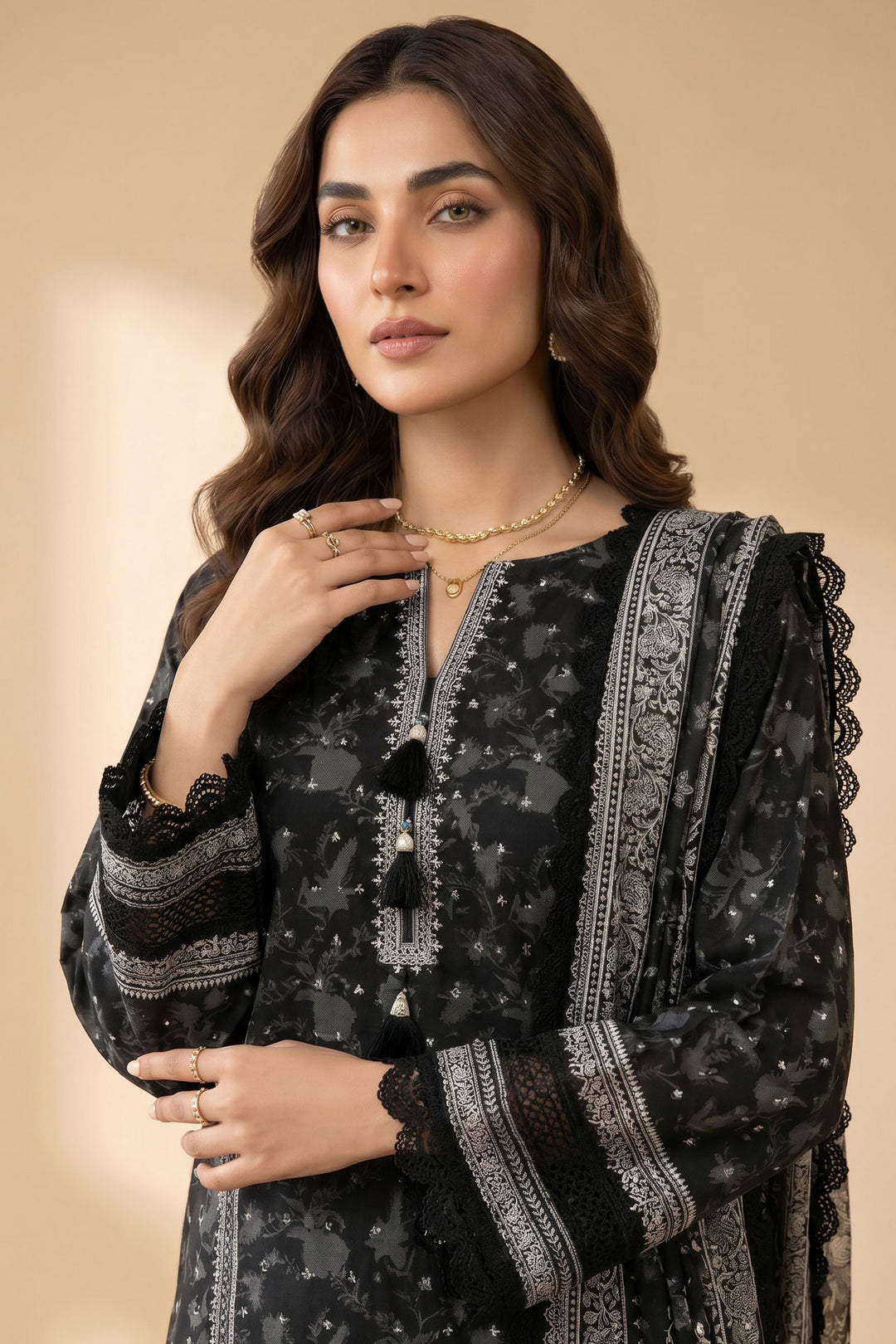 Black 3 Piece Unstitched Premium Printed Lawn
