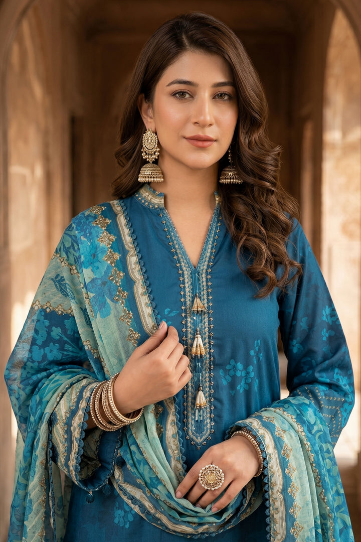 3 Piece Unstitched Blue Premium Lawn