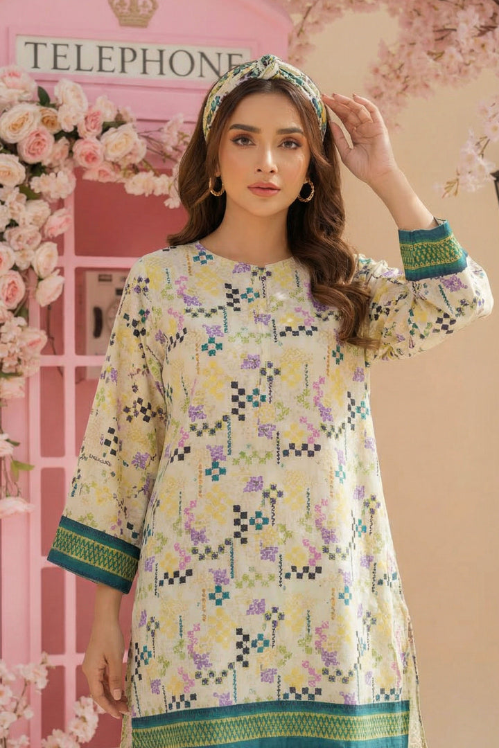 Tan 2 Piece Unstitched Printed Cambric Co-Ord Set