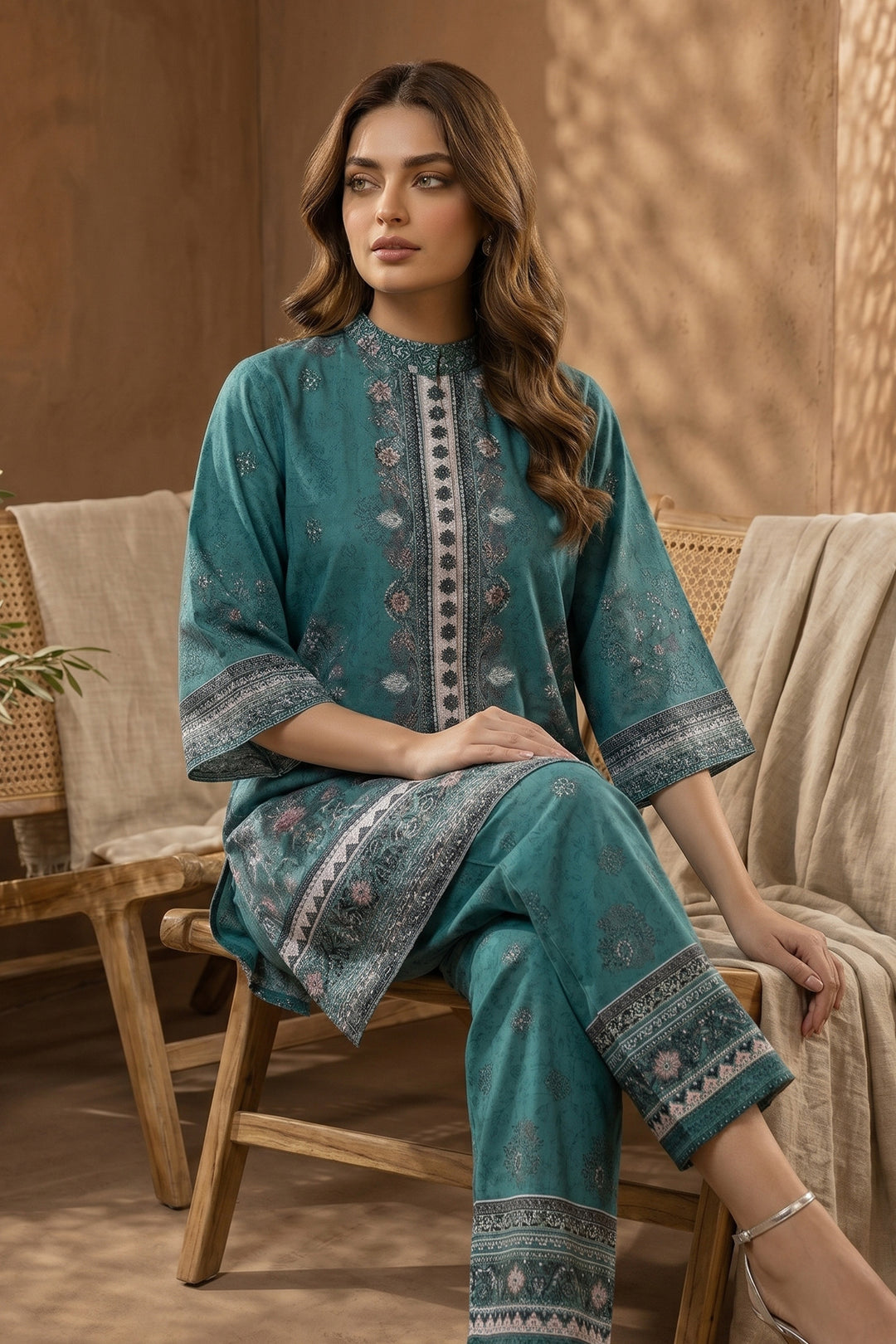 Dark Cyan 2 Piece Unstitched Printed Cambric Co-Ord Set