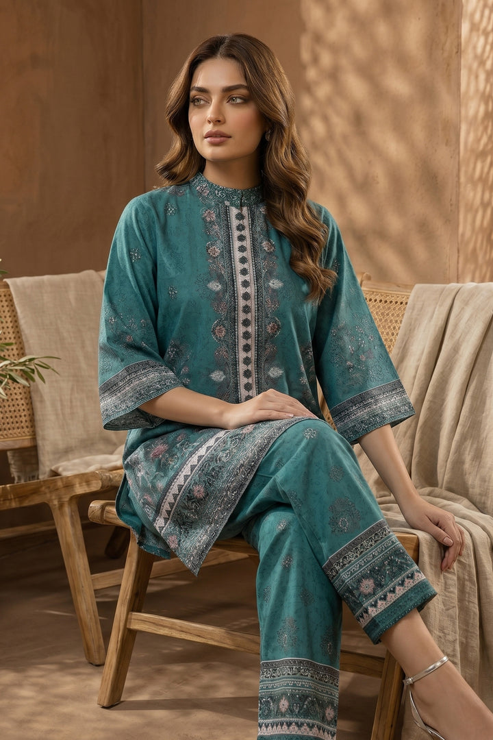 Dark Cyan 2 Piece Unstitched Printed Cambric Co-Ord Set