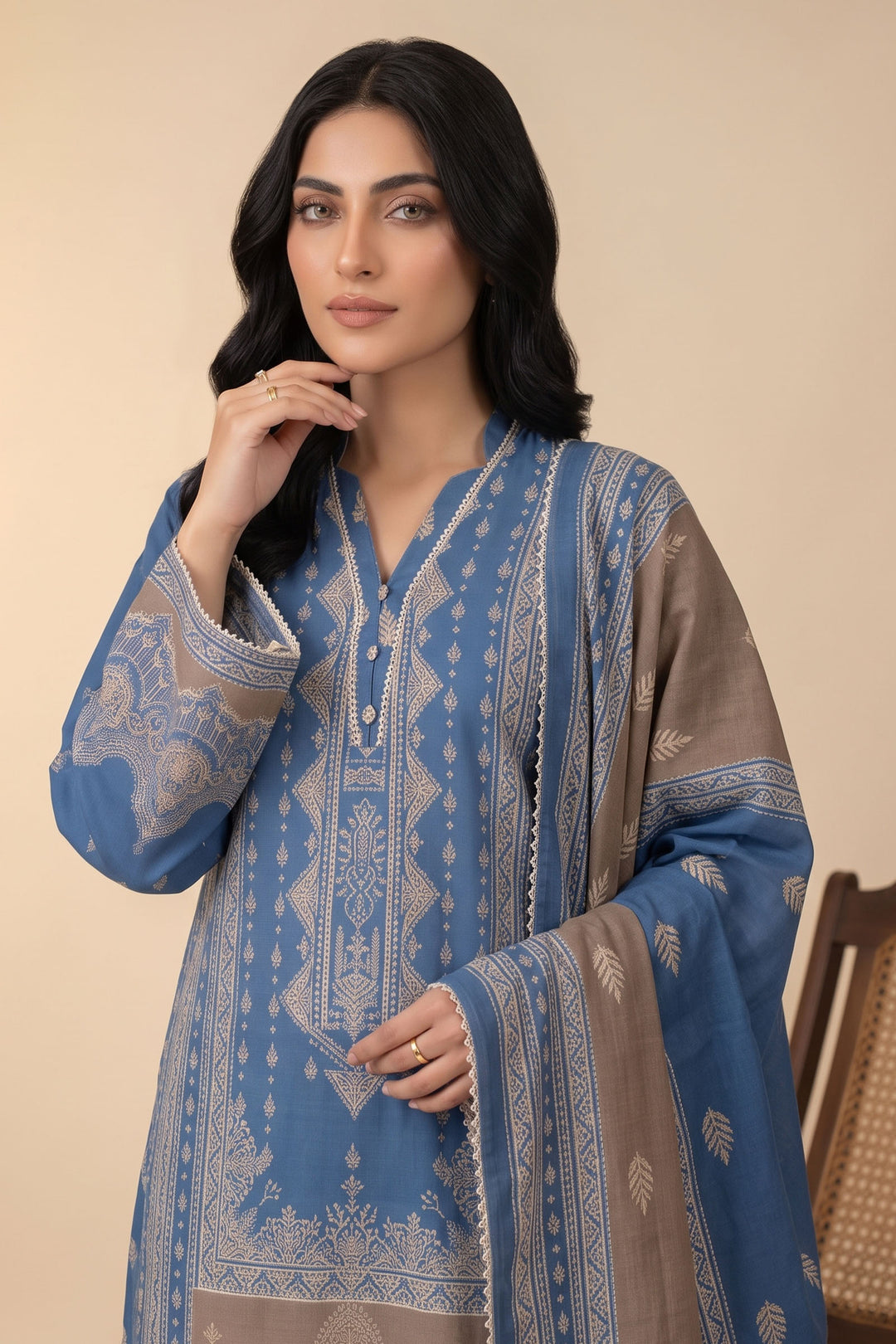 3 Piece Unstitched Blue Slub Khaddar