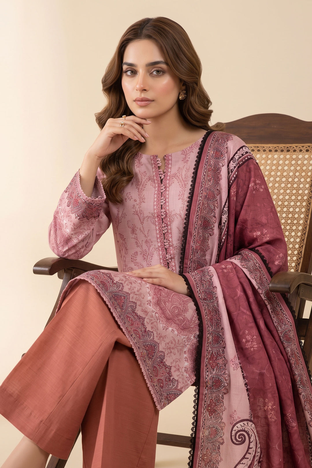 3 Piece Unstitched Tea Pink Khaddar