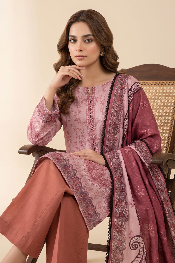3 Piece Unstitched Tea Pink Khaddar