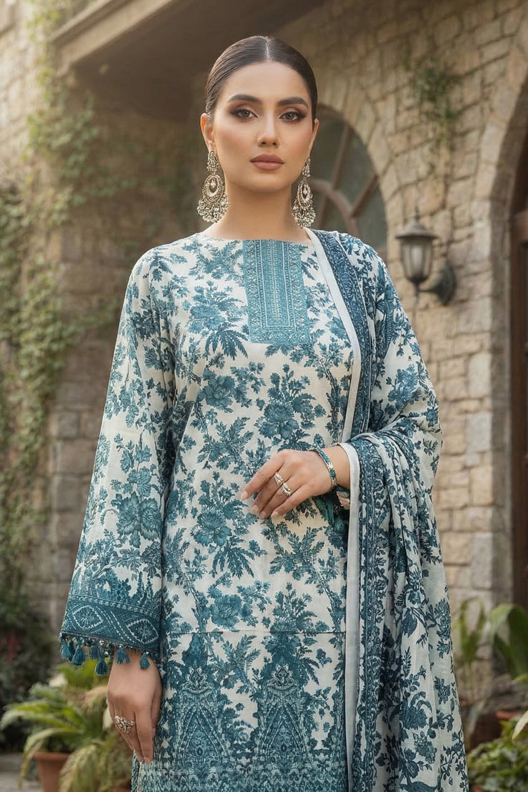 3 Piece Unstitched Teal Blue Premium Printed Lawn