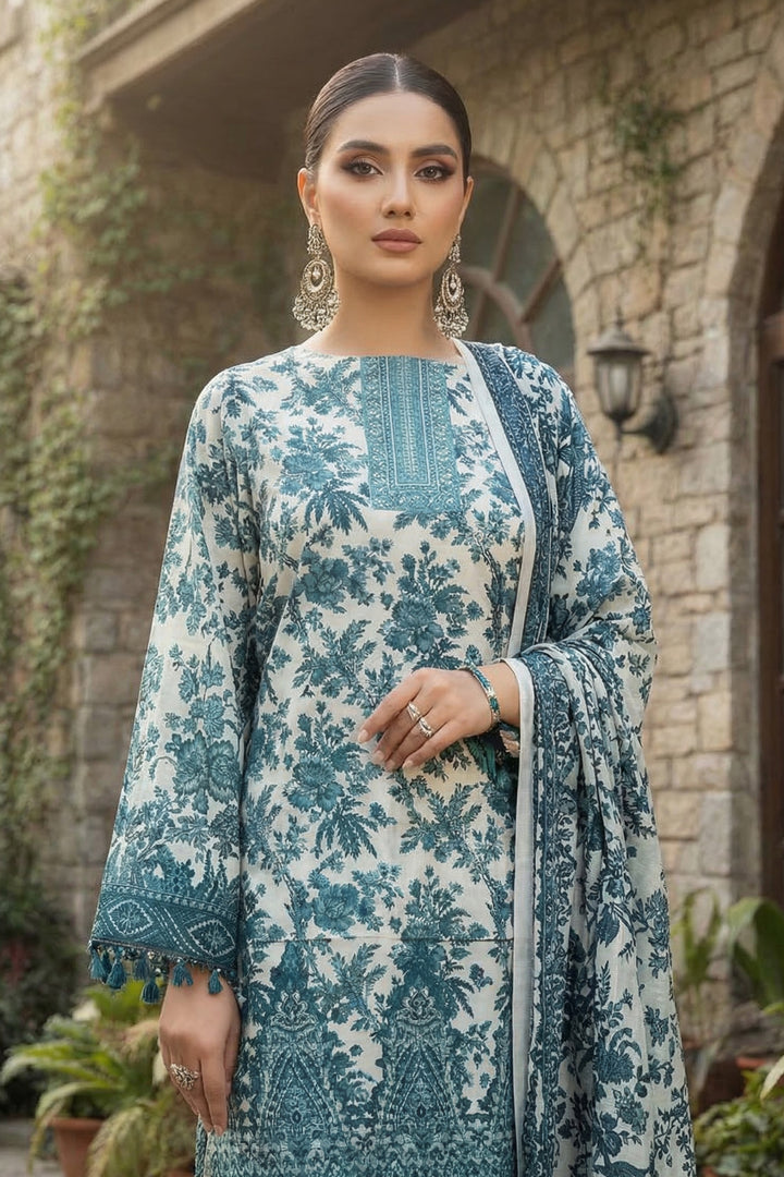 3 Piece Unstitched Teal Blue Premium Printed Lawn