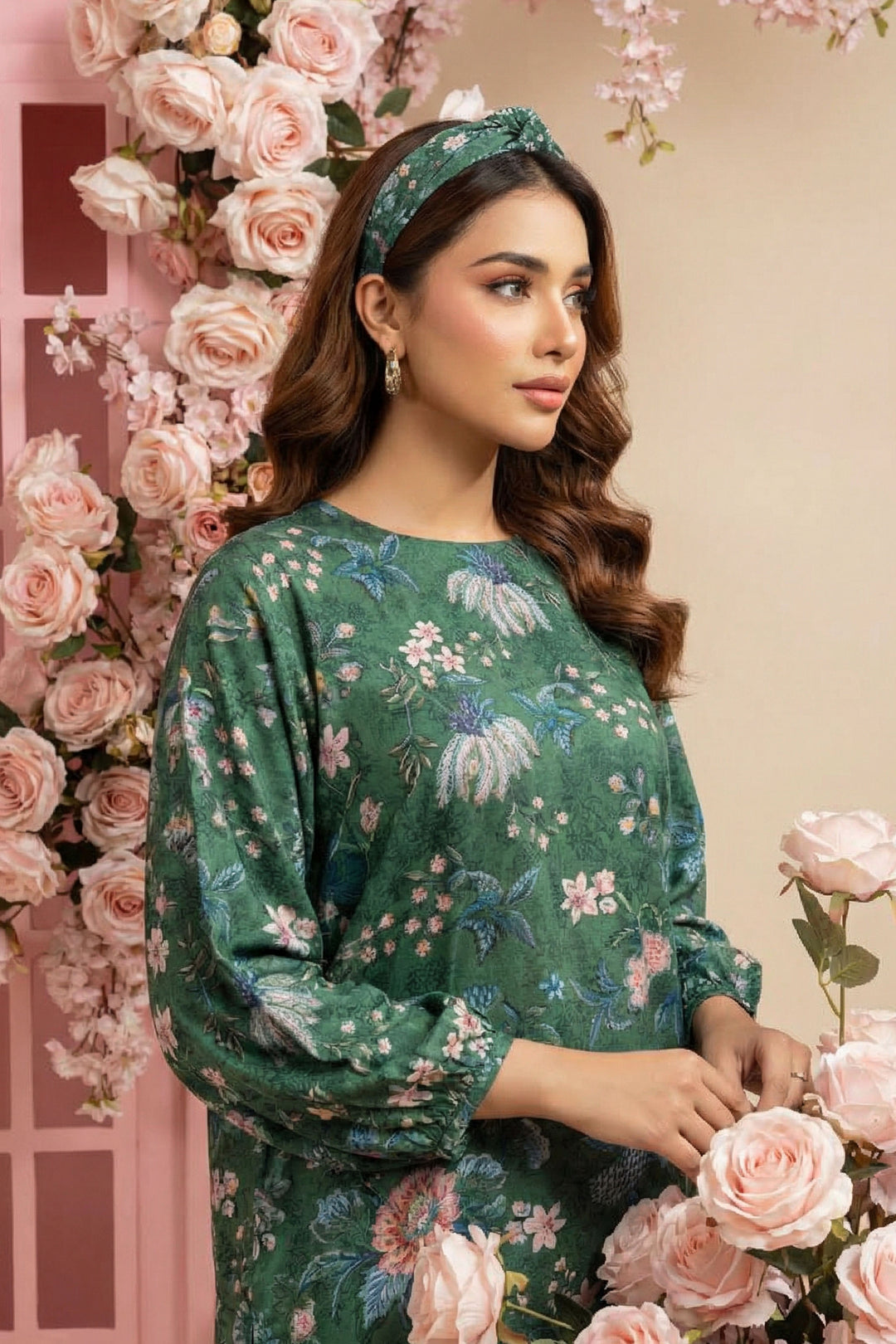 Hunter Green 2 Piece Unstitched Printed Cambric Co-Ord Set