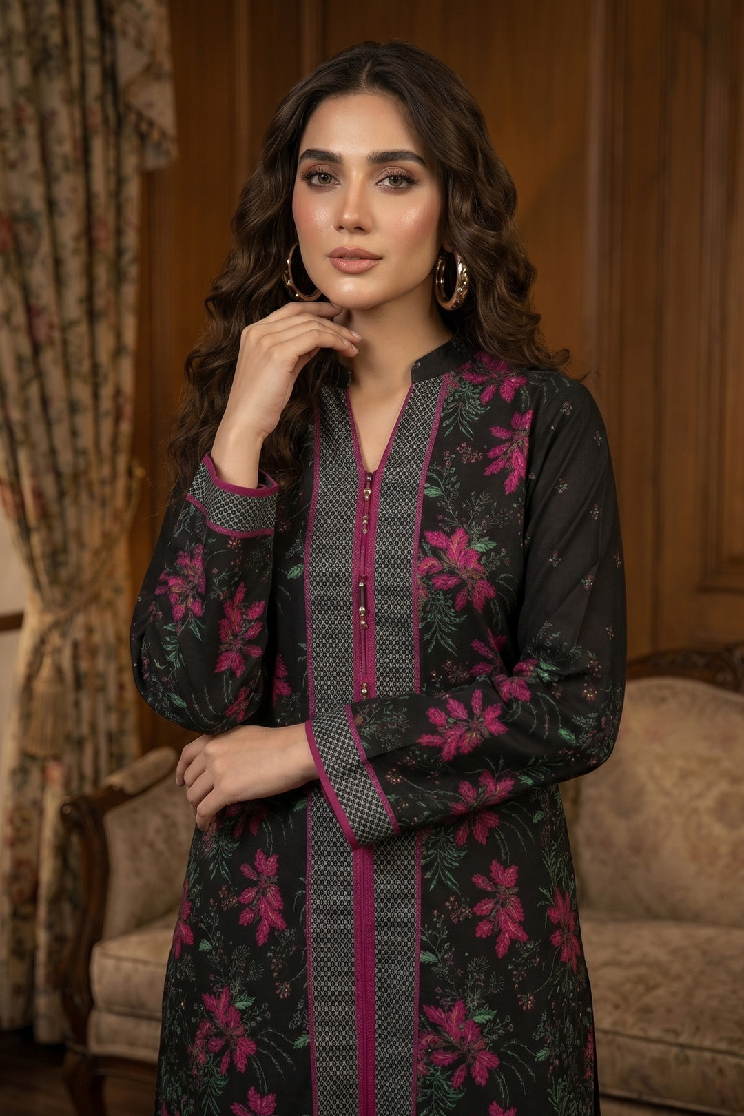 Black 2 Piece Unstitched Printed Cambric Co-Ord Set