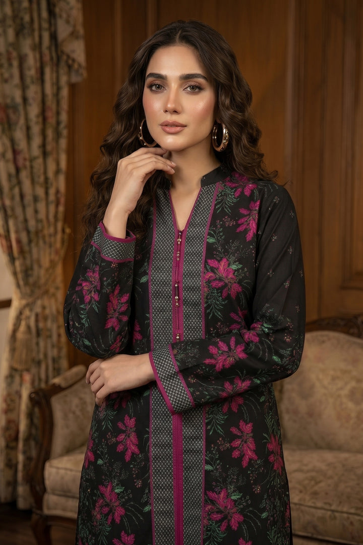 Black 2 Piece Unstitched Printed Cambric Co-Ord Set
