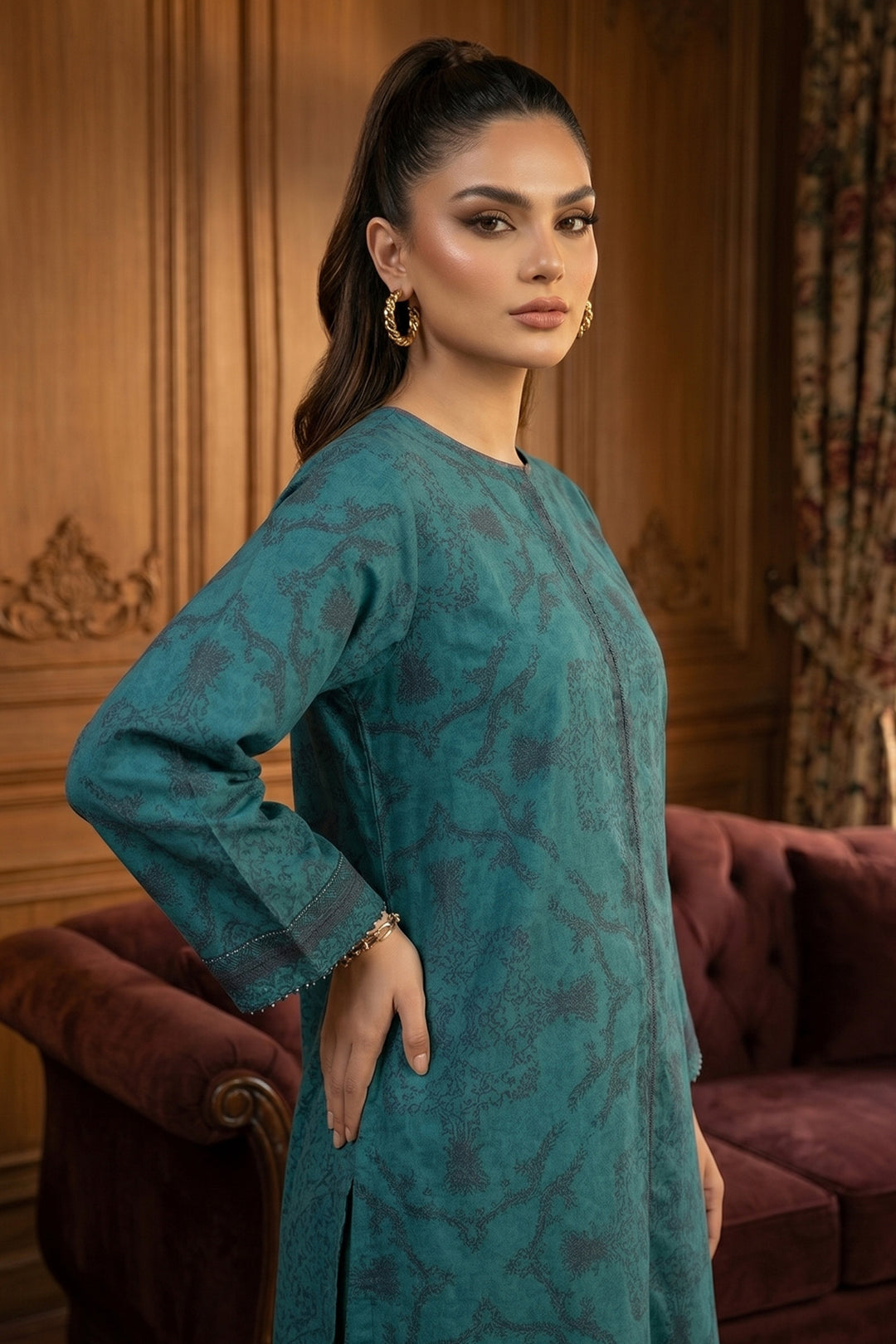 Pine Green 2 Piece Unstitched Printed Cambric Co-Ord Set