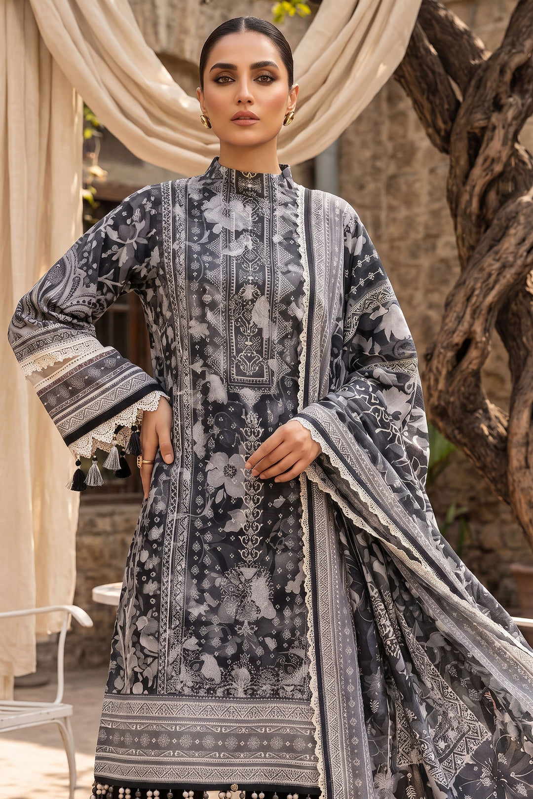 Black 3 Piece Unstitched Premium Printed Lawn