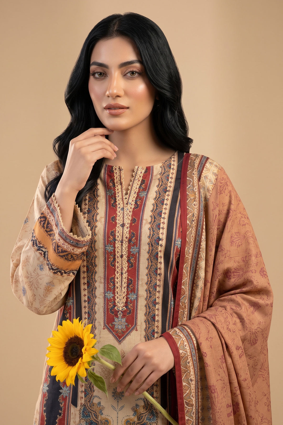 3 Piece Unstitched Beige Khaddar