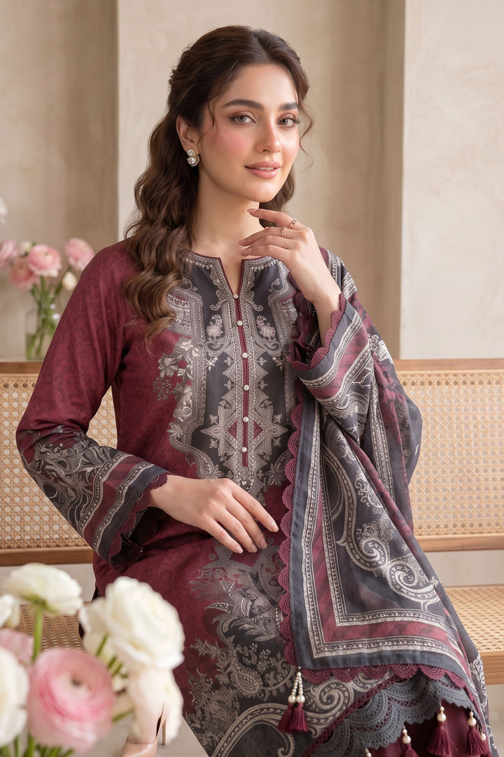 Red Wine 3 Piece Unstitched Premium Printed Lawn