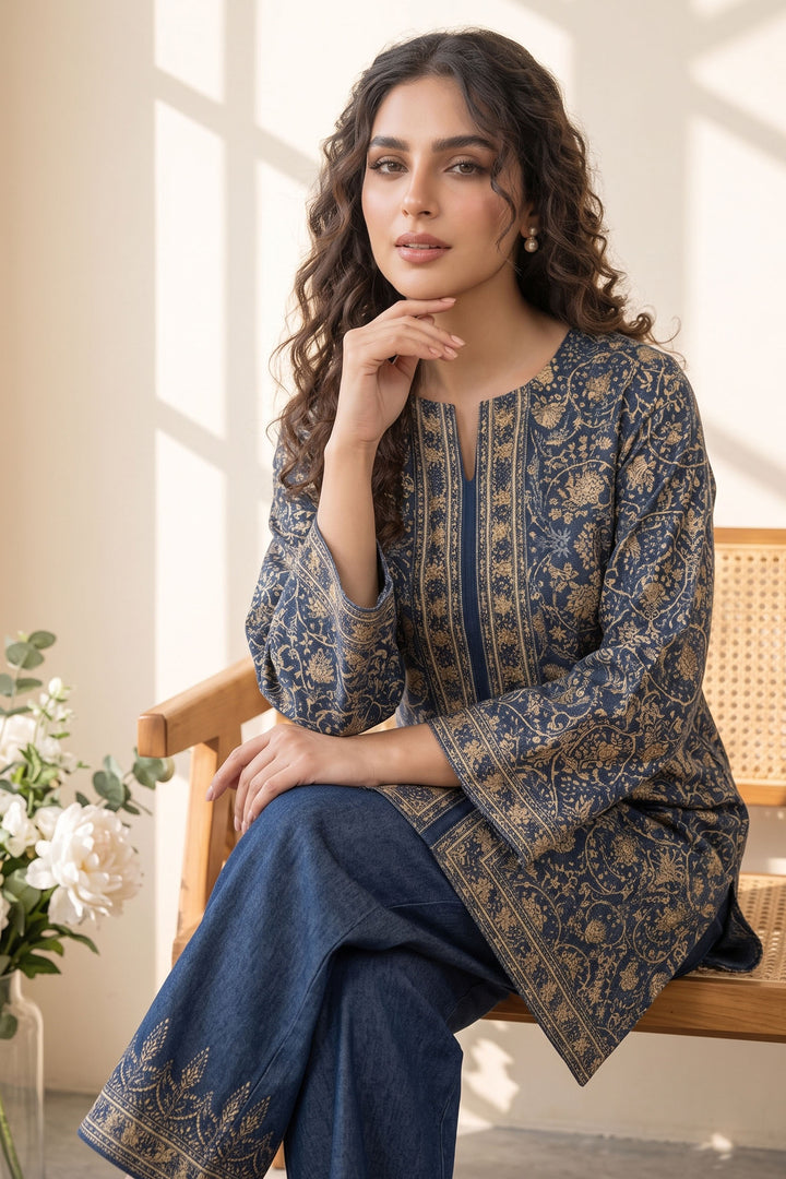 Blue 2 Piece Unstitched Printed Cambric Co-Ord Set