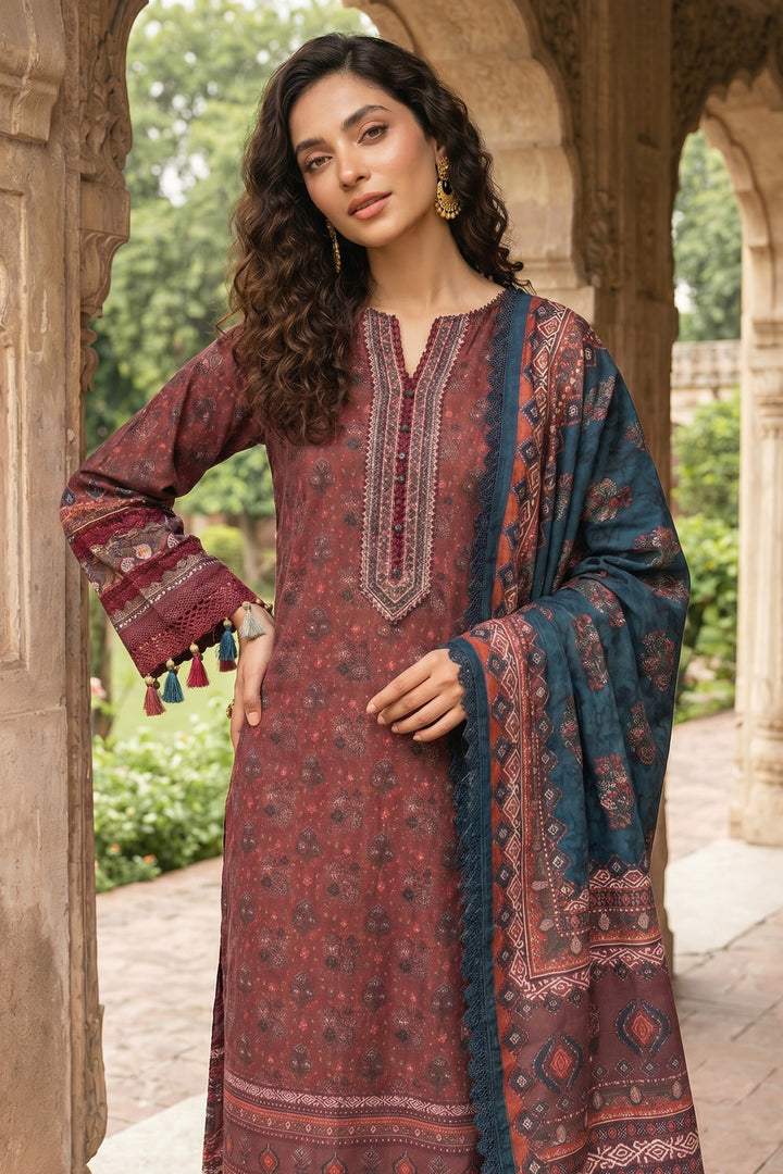 Wine 3 Piece Unstitched Premium Printed Lawn