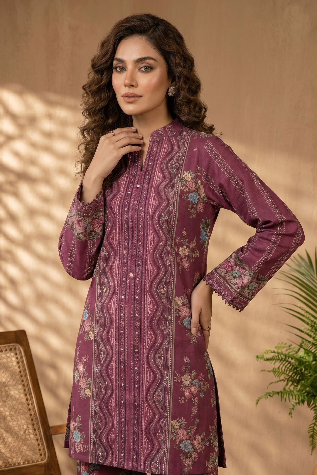 Wine 2 Piece Unstitched Printed Cambric Co-Ord Set