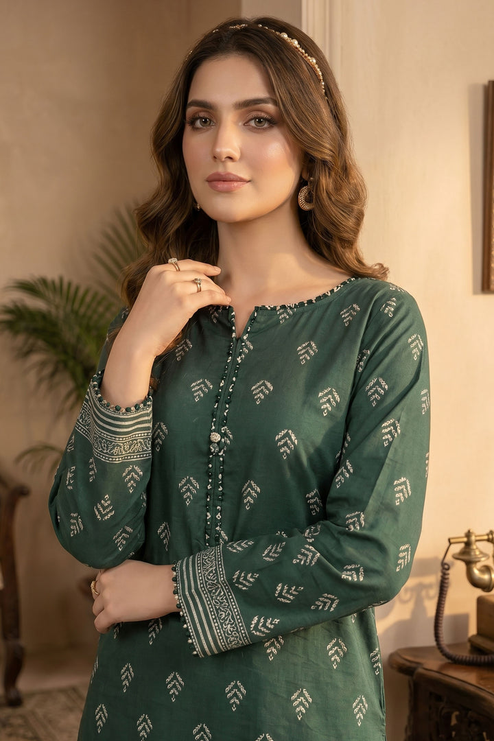 2 Piece Hunter Green Unstitched Printed Cambric Co-Ord Set