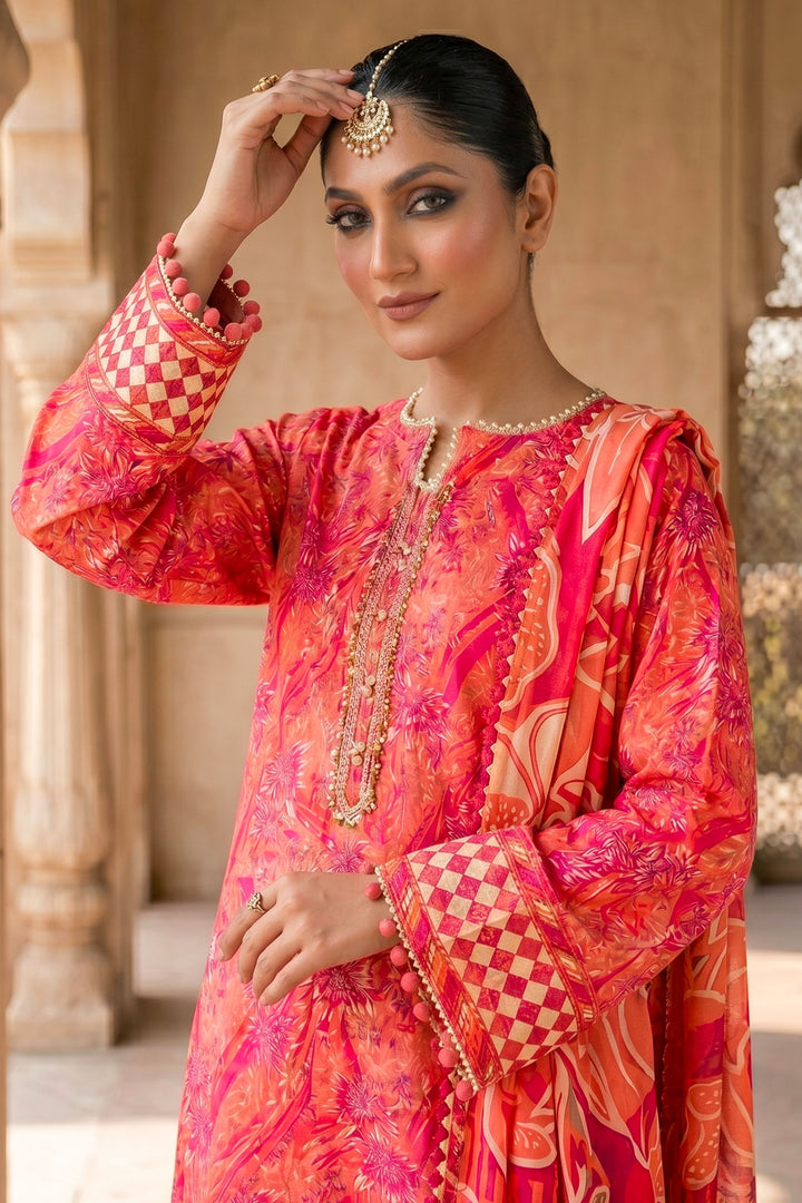3 Piece Unstitched Orange Premium Lawn