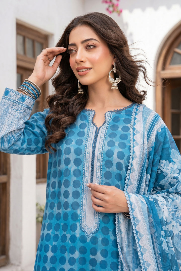3 Piece Unstitched Blue Premium Lawn