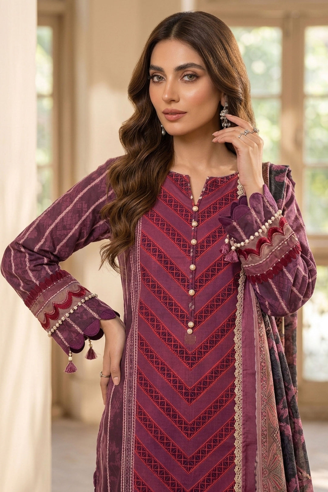 Red Wine 3 Piece Unstitched Premium Printed Lawn